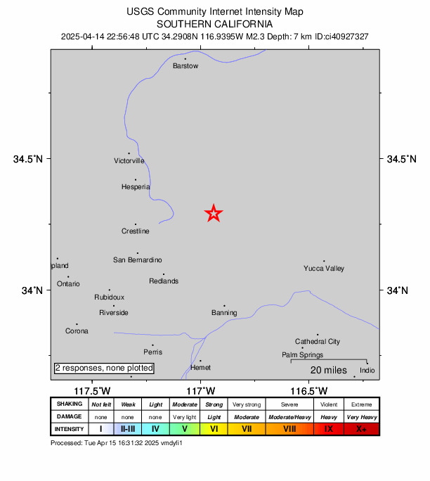 USGS DYFI community-reported intensity map for the M2.3 earthquake near 6 km NNW of Big Bear Lake, CA