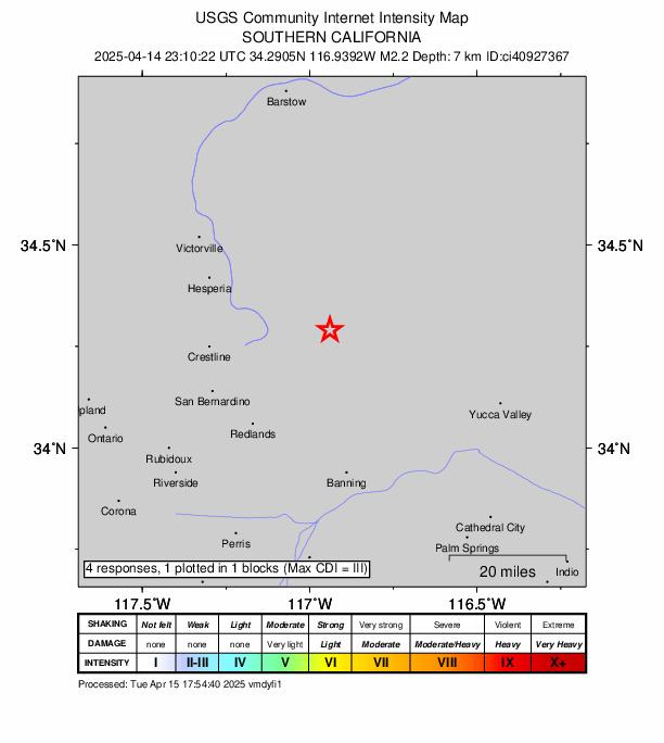 USGS DYFI community-reported intensity map for the M2.2 earthquake near 6 km NNW of Big Bear Lake, CA