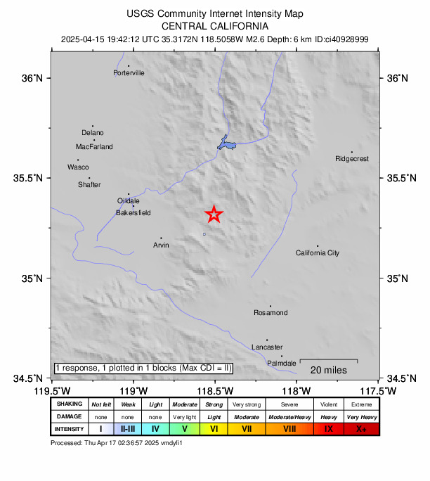 USGS DYFI community-reported intensity map for the M2.6 earthquake near 21 km NNW of Tehachapi, CA