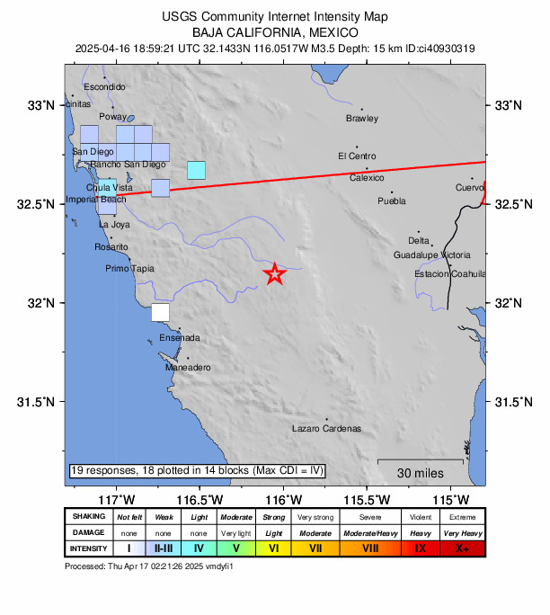 USGS DYFI community-reported intensity map for the M3.6 earthquake near 61 km ENE of Ensenada, B.C., MX