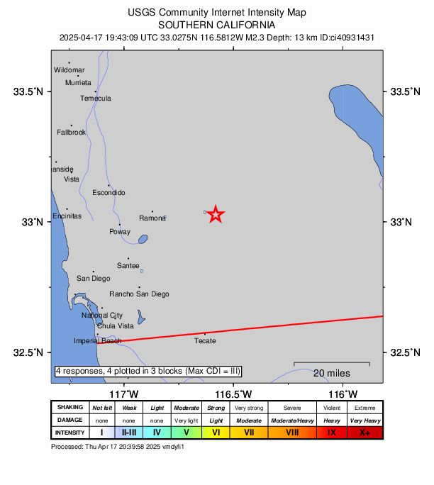 USGS DYFI community-reported intensity map for the M2.3 earthquake near 6 km SSE of Julian, CA
