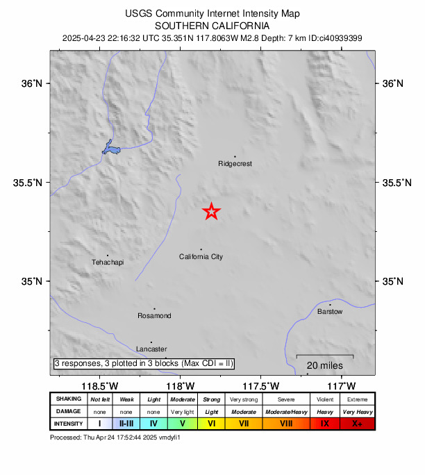 USGS DYFI community-reported intensity map for the M2.8 earthquake near 16 km W of Johannesburg, CA