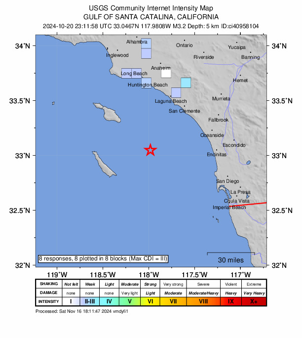 USGS DYFI community-reported intensity map for the M3.2 earthquake near 42 km NE of San Clemente Is. (SE tip), CA