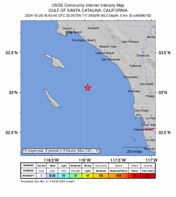 USGS DYFI community-reported intensity map for the M3.0 earthquake near 45 km NE of San Clemente Is. (SE tip), CA