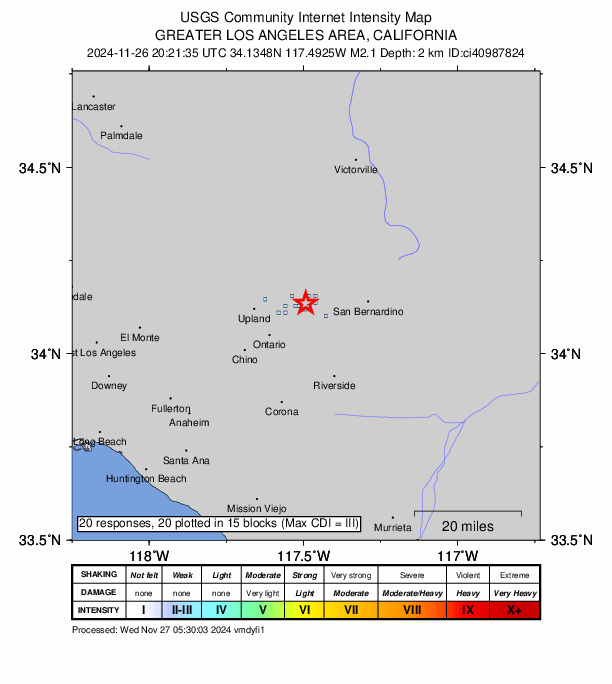 USGS DYFI community-reported intensity map for the M2.1 earthquake near 5 km NW of Fontana, CA