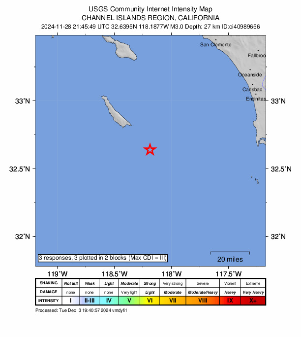 USGS DYFI community-reported intensity map for the M3.0 earthquake near 25 km SE of San Clemente Is. (SE tip), CA