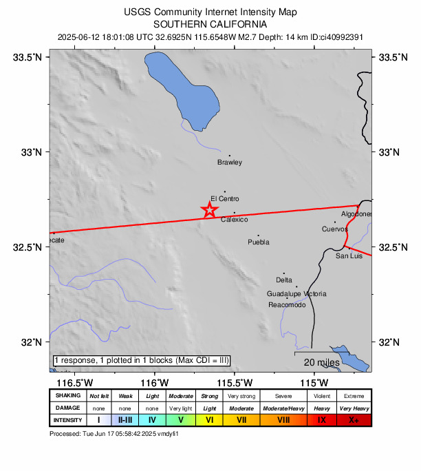 USGS DYFI community-reported intensity map for the M2.7 earthquake near 12 km WSW of Heber, CA