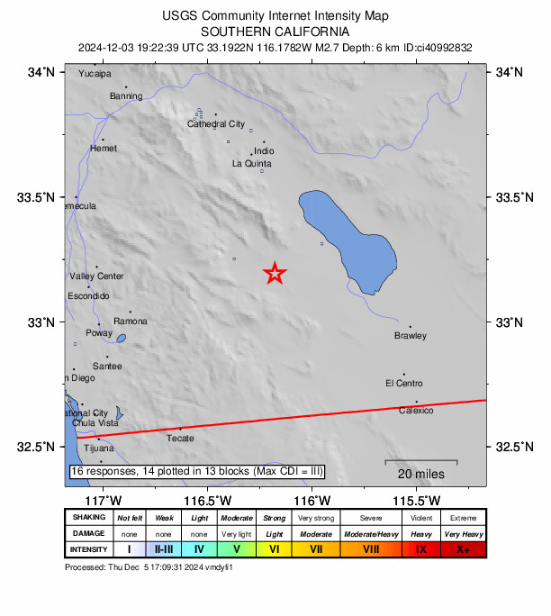 USGS DYFI community-reported intensity map for the M2.7 earthquake near 7 km NW of Ocotillo Wells, CA