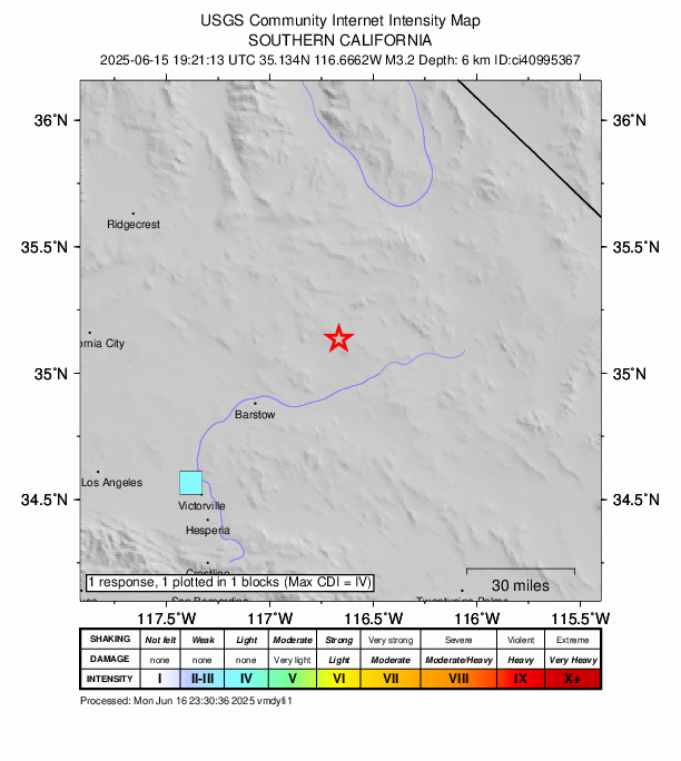 USGS DYFI community-reported intensity map for the M3.2 earthquake near 14 km S of Fort Irwin, CA
