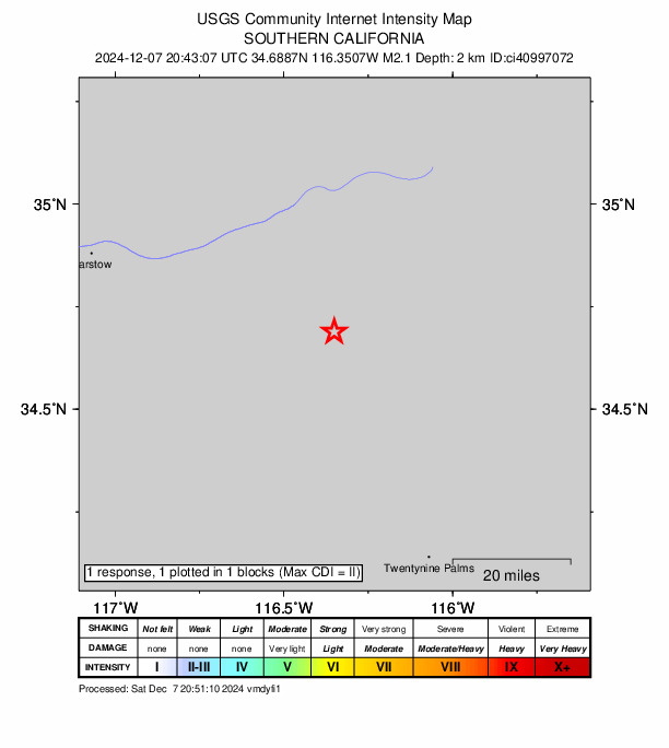 USGS DYFI community-reported intensity map for the M2.1 earthquake near 18 km WSW of Ludlow, CA
