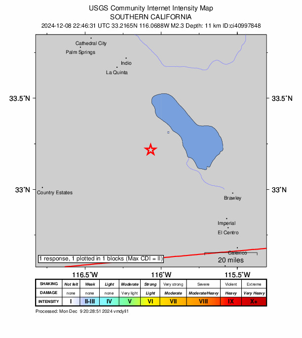 USGS DYFI community-reported intensity map for the M2.3 earthquake near 10 km NE of Ocotillo Wells, CA