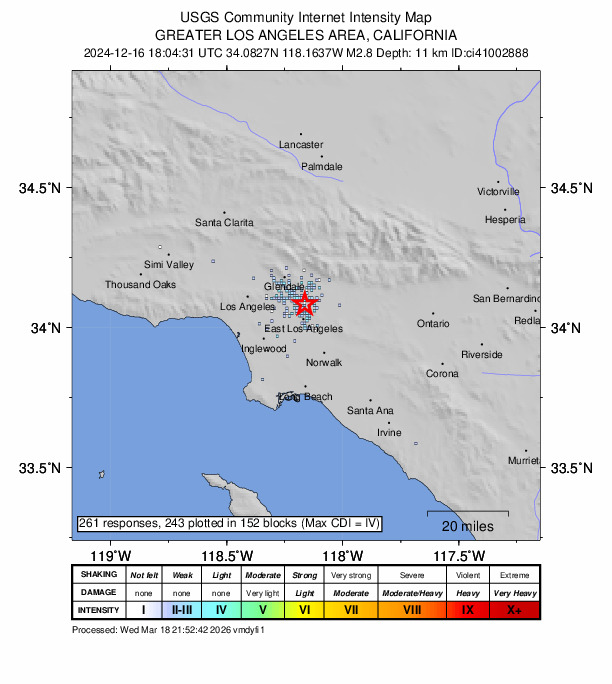 USGS DYFI community-reported intensity map for the M2.8 earthquake near 4 km WSW of Alhambra, CA