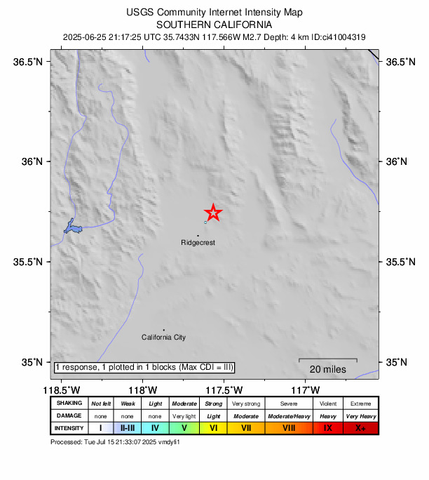 USGS DYFI community-reported intensity map for the M2.7 earthquake near 15 km W of Searles Valley, CA