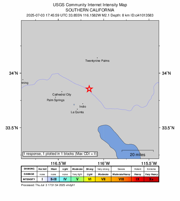 USGS DYFI community-reported intensity map for the M2.1 earthquake near 16 km NNE of Indio, CA