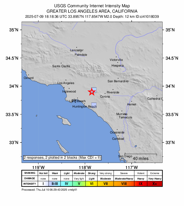 USGS DYFI community-reported intensity map for the M2.0 earthquake near 2 km NNE of Placentia, CA