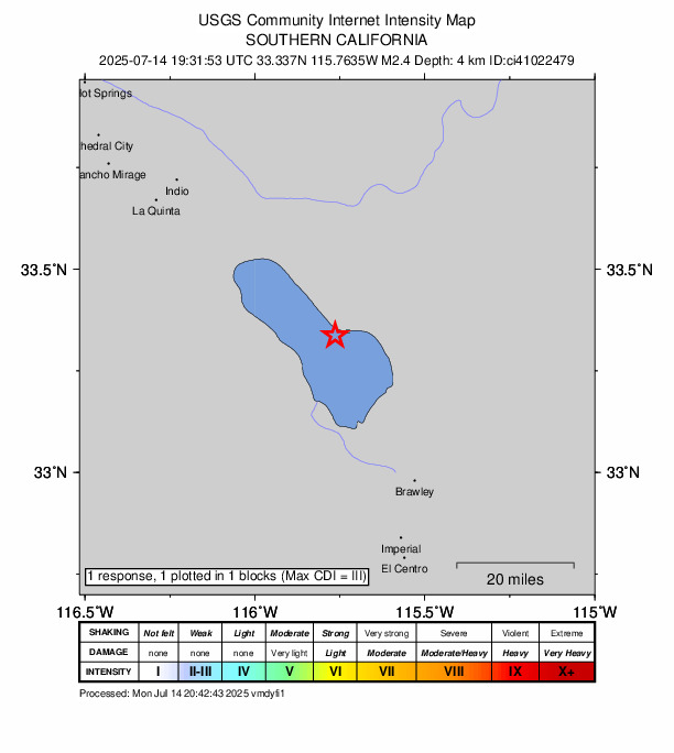 USGS DYFI community-reported intensity map for the M2.4 earthquake near 3 km WSW of Bombay Beach, CA