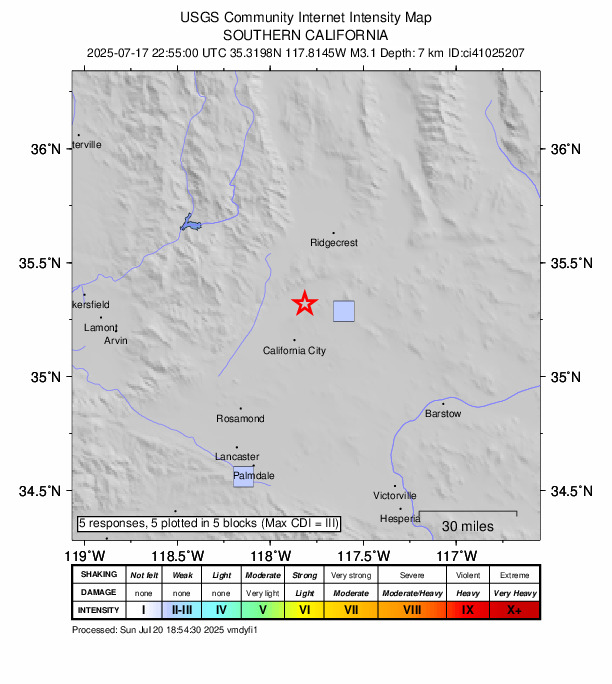 USGS DYFI community-reported intensity map for the M3.1 earthquake near 17 km WSW of Johannesburg, CA