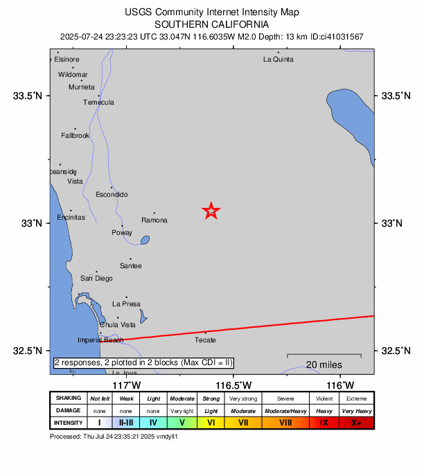 USGS DYFI community-reported intensity map for the M2.0 earthquake near 4 km S of Julian, CA