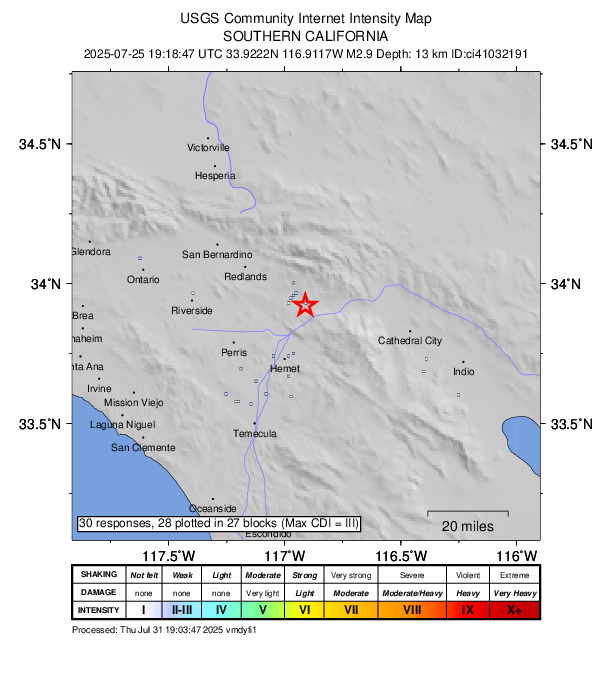 USGS DYFI community-reported intensity map for the M2.9 earthquake near 3 km W of Banning, CA