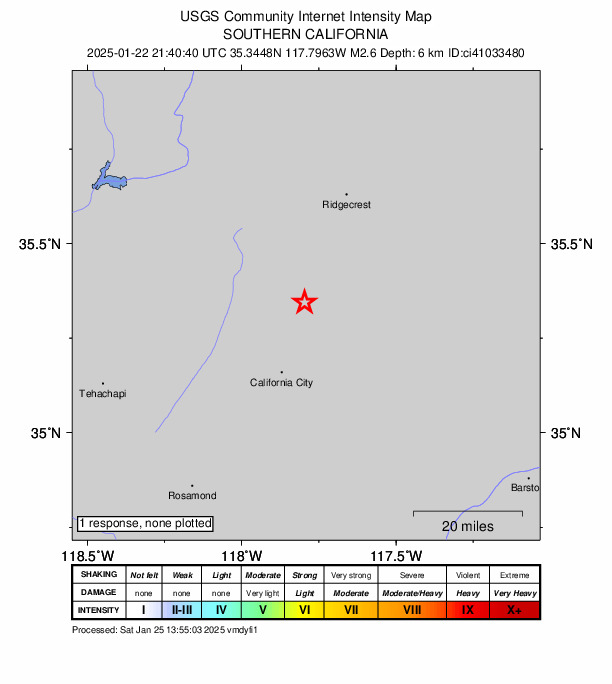 USGS DYFI community-reported intensity map for the M2.6 earthquake near 15 km WSW of Johannesburg, CA