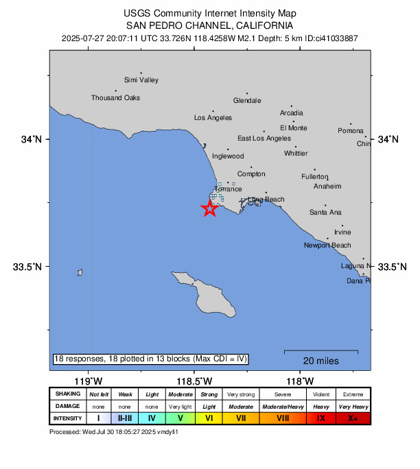 USGS DYFI community-reported intensity map for the M2.1 earthquake near 4 km WSW of Rancho Palos Verdes, CA