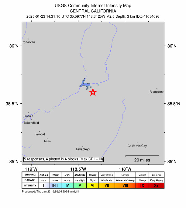 USGS DYFI community-reported intensity map for the M2.5 earthquake near 12 km E of Lake Isabella, CA