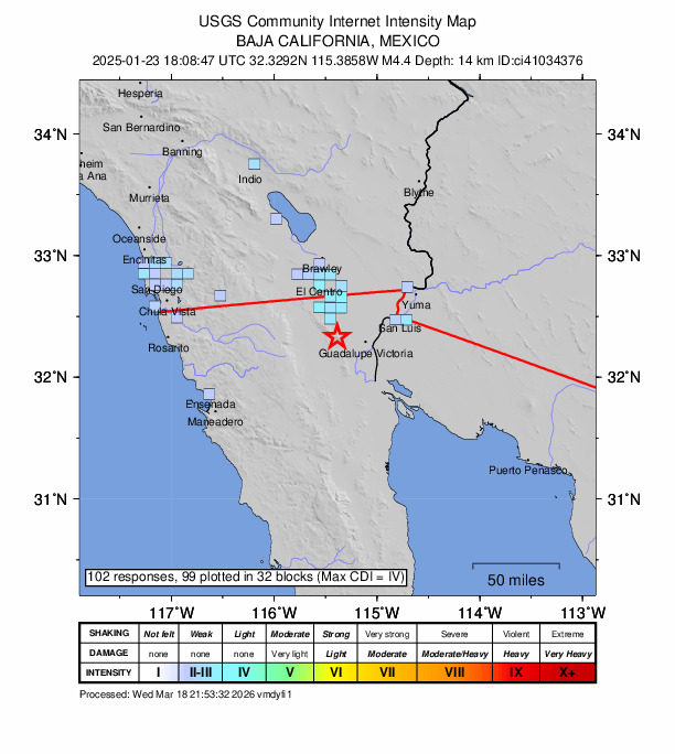 USGS DYFI community-reported intensity map for the M4.4 earthquake near 18 km W of Delta, B.C., MX