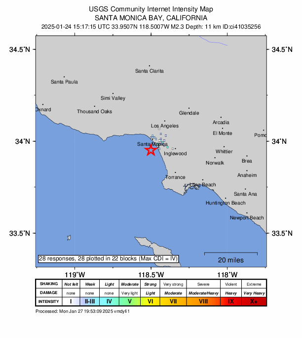 USGS DYFI community-reported intensity map for the M2.3 earthquake near 6 km SW of Marina del Rey, CA