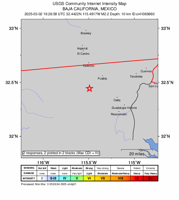 USGS DYFI community-reported intensity map for the M2.2 earthquake near 18 km SSE of Progreso, B.C., MX