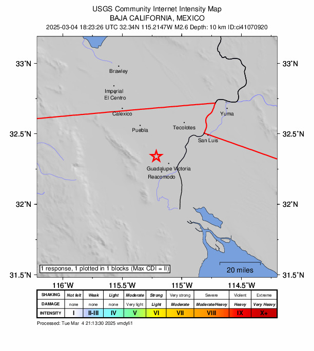 USGS DYFI community-reported intensity map for the M2.6 earthquake near 3 km SW of Delta, B.C., MX