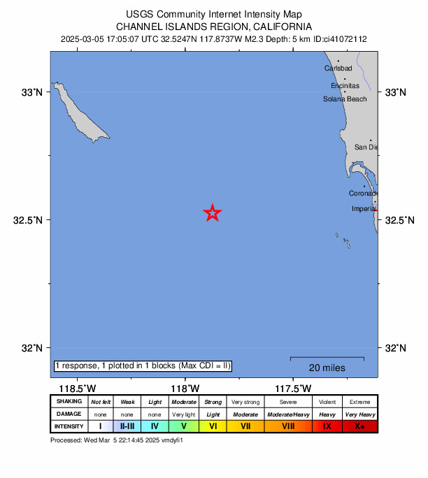USGS DYFI community-reported intensity map for the M2.3 earthquake near 55 km SE of San Clemente Is. (SE tip), CA