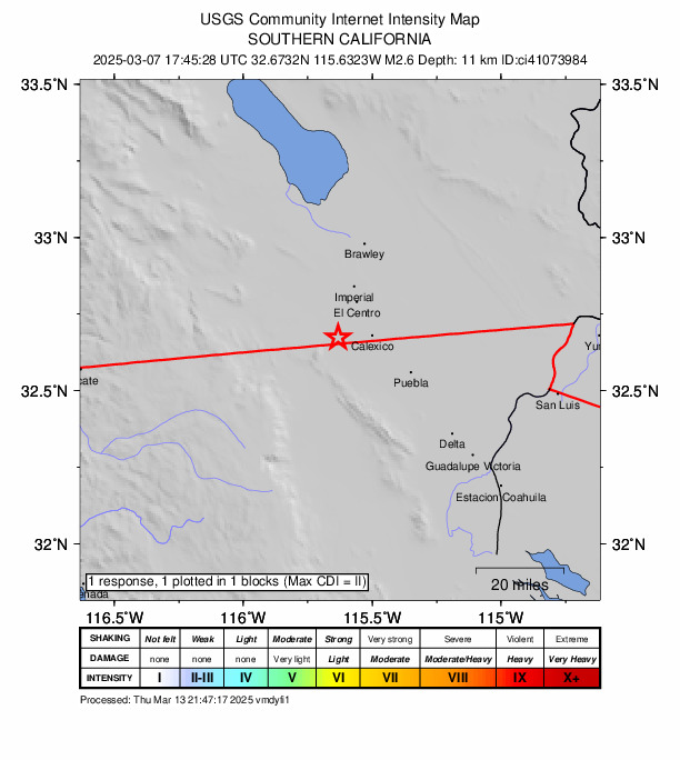 USGS DYFI community-reported intensity map for the M2.6 earthquake near 11 km NNW of Progreso, B.C., MX