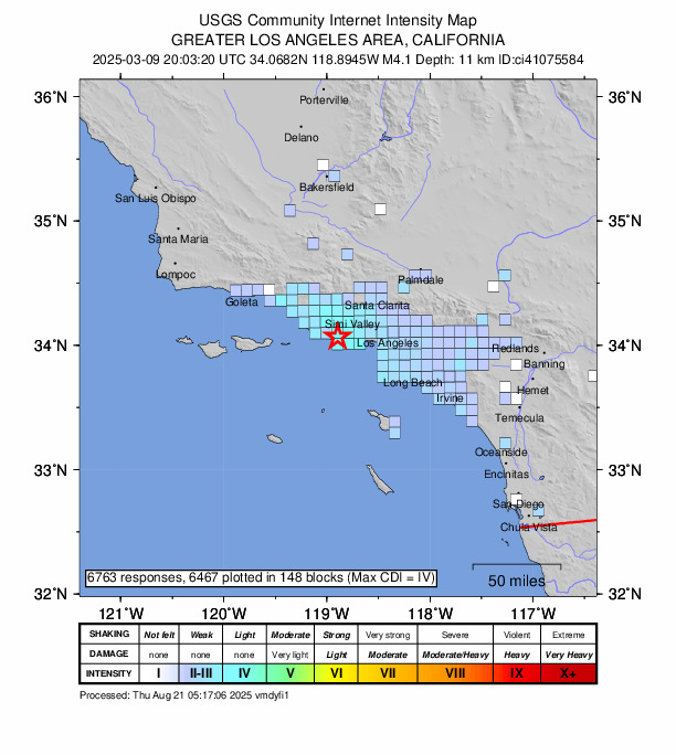 USGS DYFI community-reported intensity map for the M4.1 earthquake near 10 km NW of Malibu, CA