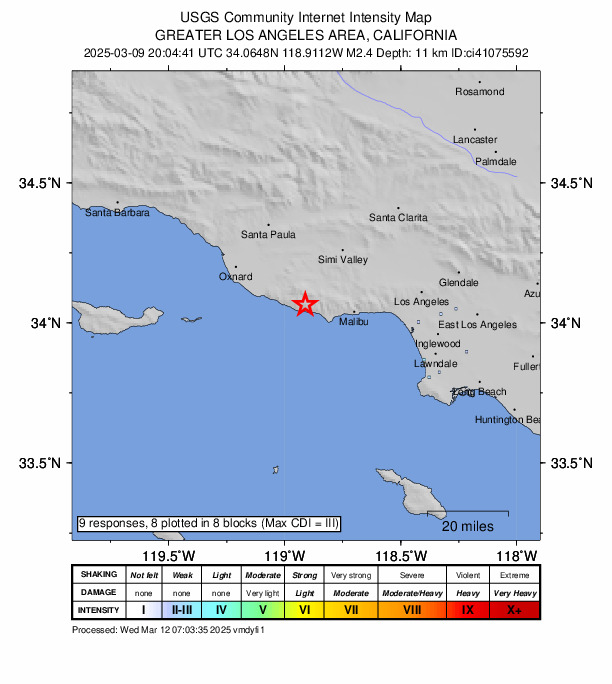 USGS DYFI community-reported intensity map for the M2.4 earthquake near 11 km NW of Malibu, CA