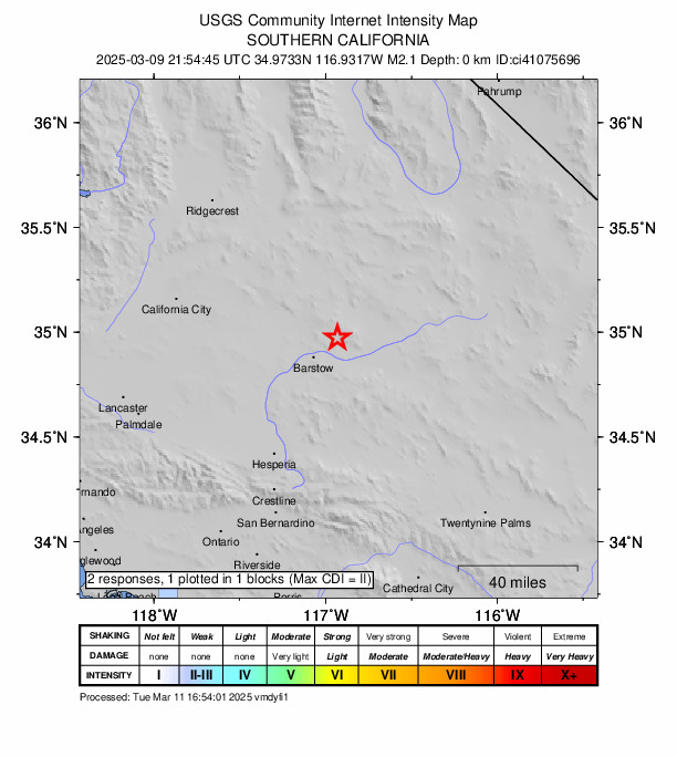 USGS DYFI community-reported intensity map for the M2.1 earthquake near 12 km NE of Barstow, CA