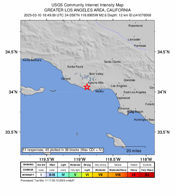 USGS DYFI community-reported intensity map for the M2.6 earthquake near 10 km NW of Malibu, CA