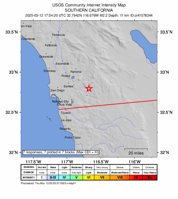 USGS DYFI community-reported intensity map for the M2.2 earthquake near 10 km ESE of Alpine, CA