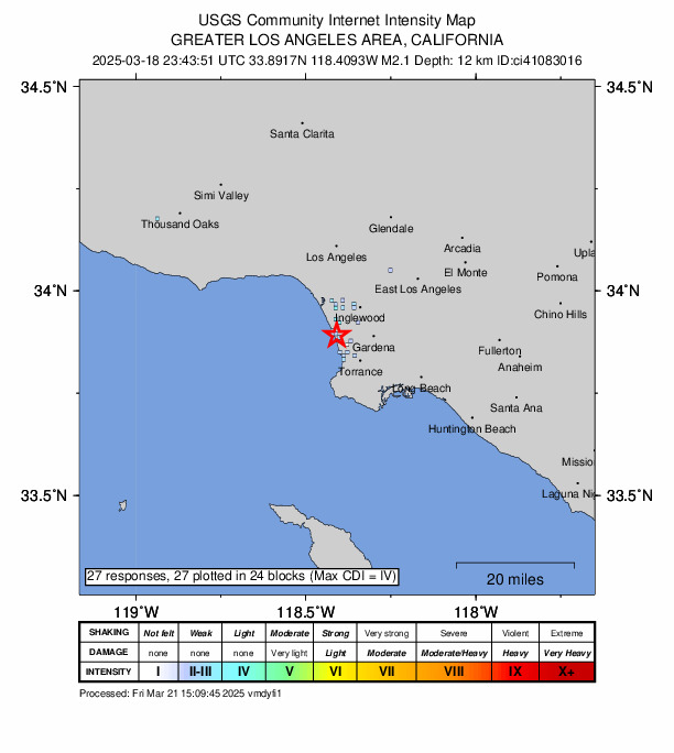 USGS DYFI community-reported intensity map for the M2.1 earthquake near 1 km N of Manhattan Beach, CA