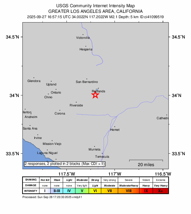 USGS DYFI community-reported intensity map for the M2.1 earthquake near 6 km SSW of Redlands, CA