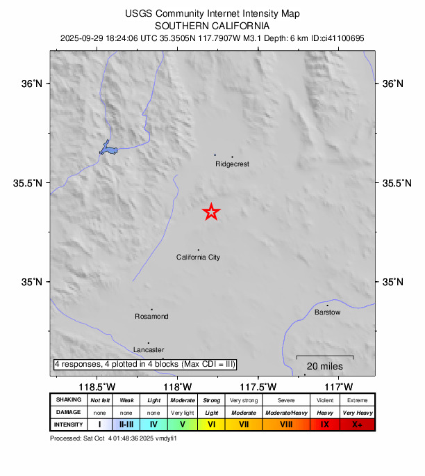 USGS DYFI community-reported intensity map for the M3.1 earthquake near 14 km W of Johannesburg, CA