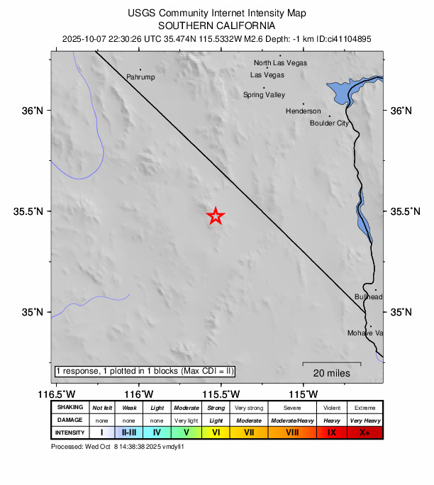 USGS DYFI community-reported intensity map for the M2.6 earthquake near 20 km SW of Primm, NV