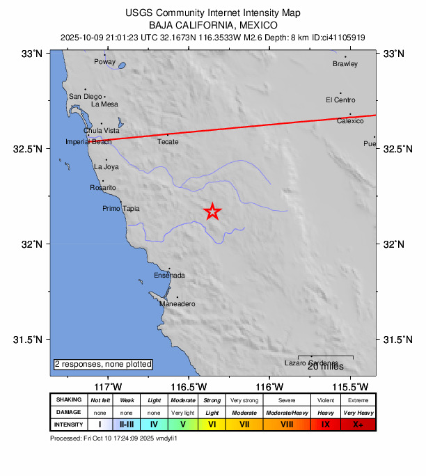 USGS DYFI community-reported intensity map for the M2.6 earthquake near 42 km NE of Ensenada, B.C., MX