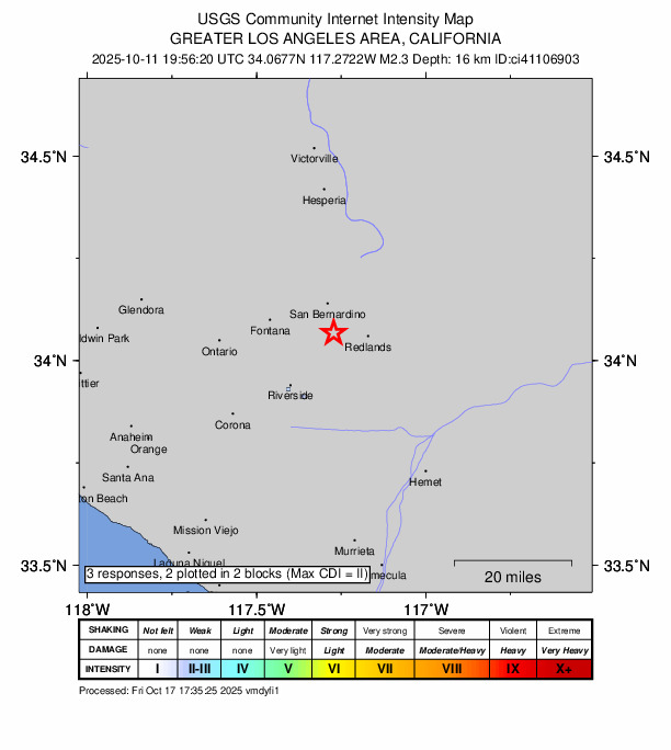 USGS DYFI community-reported intensity map for the M2.3 earthquake near 2 km NNW of Loma Linda, CA