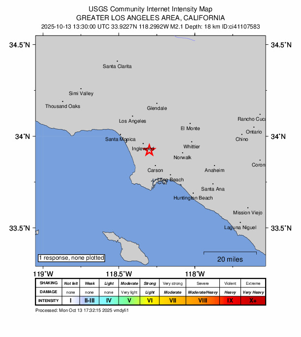 USGS DYFI community-reported intensity map for the M2.1 earthquake near 4 km NNE of Gardena, CA