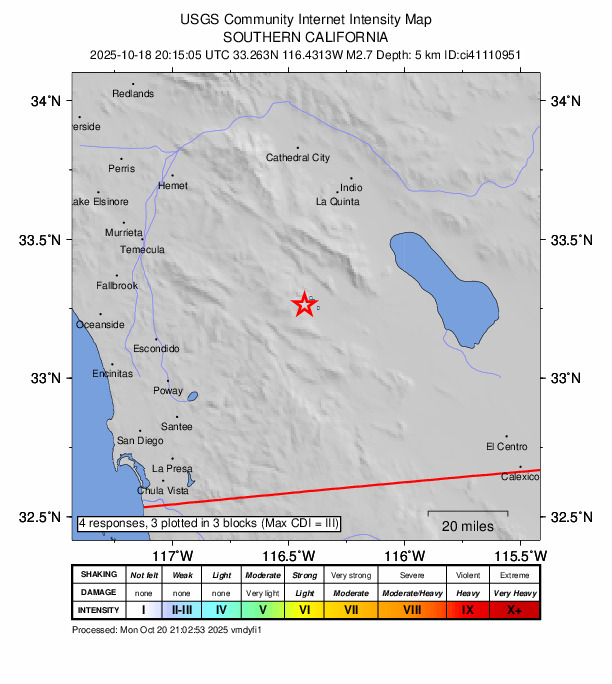 USGS DYFI community-reported intensity map for the M2.7 earthquake near 5 km W of Borrego Springs, CA