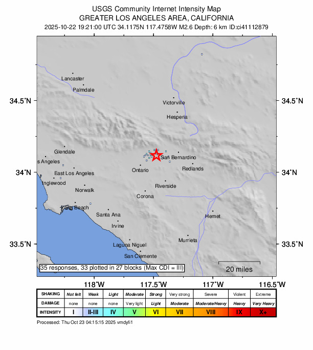 USGS DYFI community-reported intensity map for the M2.6 earthquake near 3 km NW of Fontana, CA