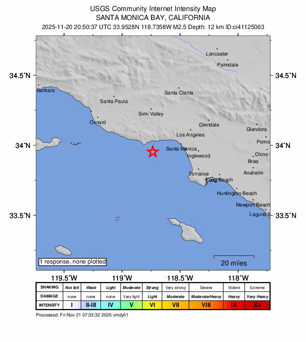 USGS DYFI community-reported intensity map for the M2.5 earthquake near 9 km SE of Malibu, CA