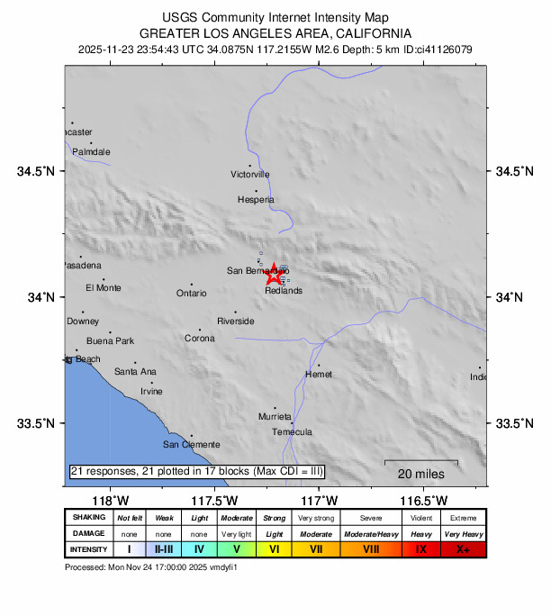 USGS DYFI community-reported intensity map for the M2.6 earthquake near 5 km S of Highland, CA