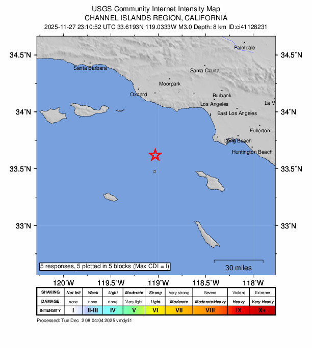 USGS DYFI community-reported intensity map for the M3.0 earthquake near 17 km N of Santa Barbara Is., CA
