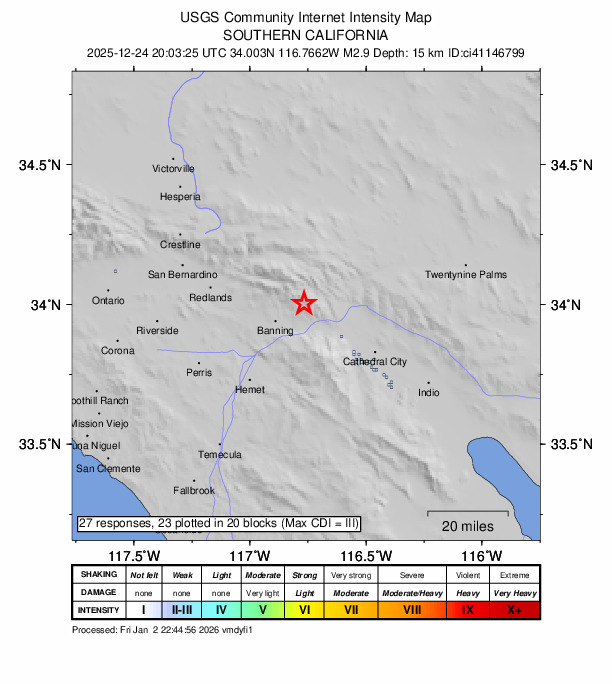 USGS DYFI community-reported intensity map for the M2.9 earthquake near 10 km NNE of Cabazon, CA